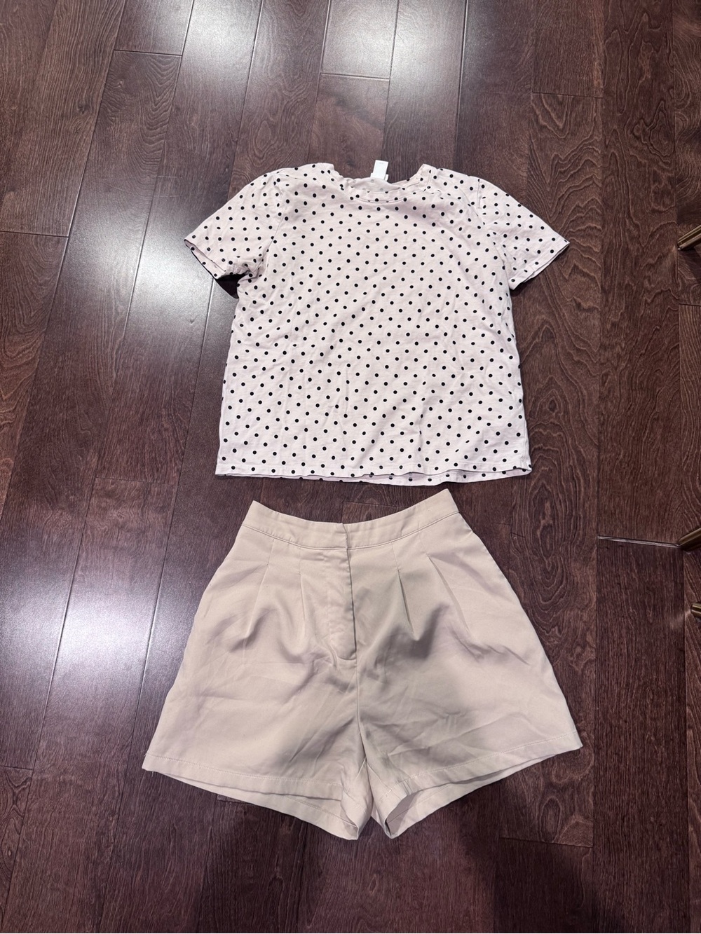 Polka Dot Short Sleeve Top and Light Tan High-Waist Shorts Set